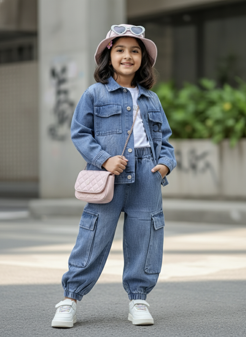 Unisex Full Sleeve Oversized Denim Jacket, Inner T Shirt and Pant Set