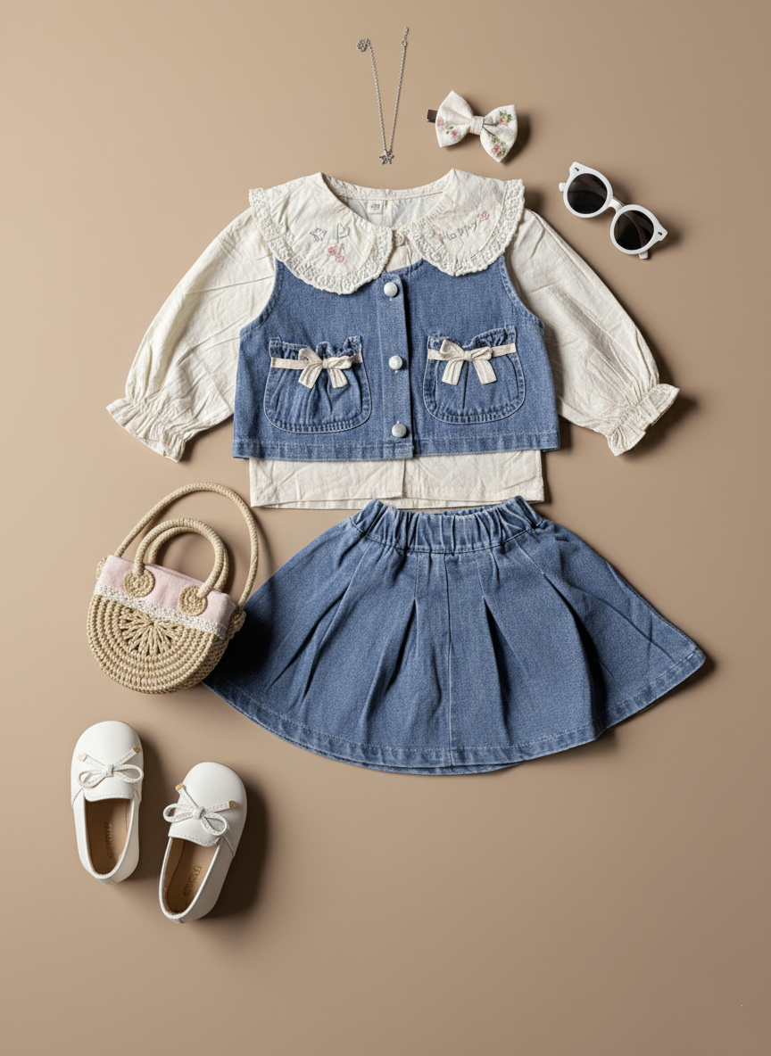 Full Sleeve Peter Pan T shirt, Denim Vest and Skirt Set