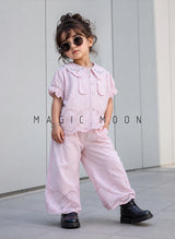 GST03 Girl's Half Sleeve Embroidered Top with Wide Leg Pant Set