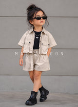 GST02 Girls Half Sleeve Oversized Shirt with Inner T Shirt and Shorts Set