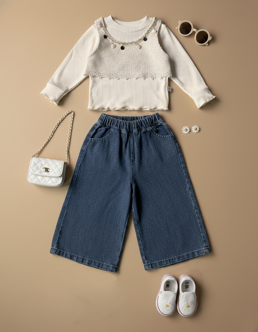 Full Sleeve T shirt, Vest and Wide Leg Denim Pant Set