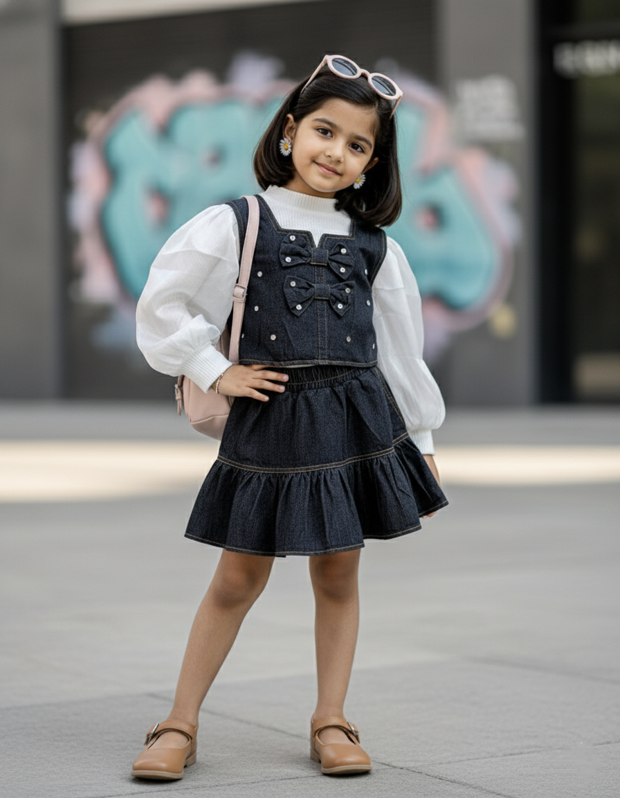 Girl's Puffed Full Sleeve Inner, Denim Like Vest and Skirt Set