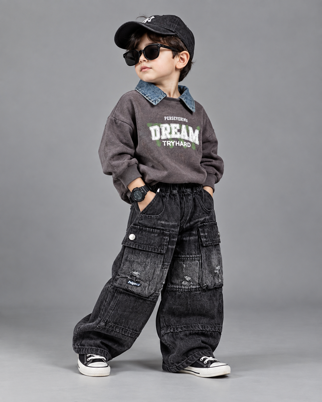 TSHCMB09 Unisex Full Sleeve Oversized Polo T Shirt with Super Baggy Jeans