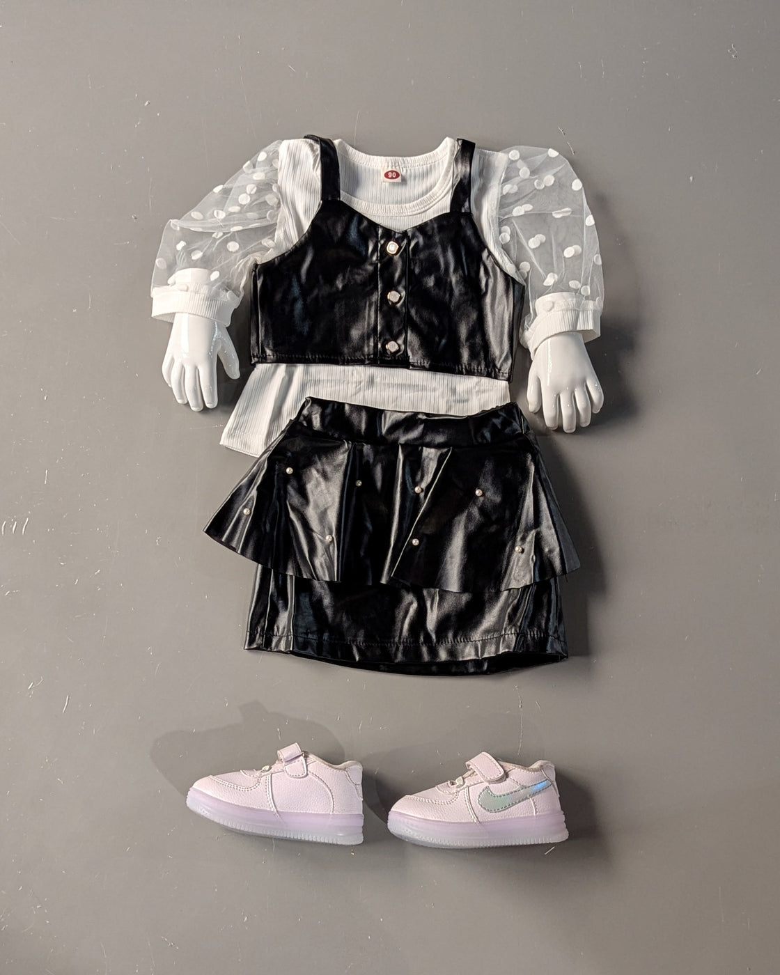 Girl's Full Sleeve Pearl Embellished Sleeve, Leather Vest and Leather Skirt Set
