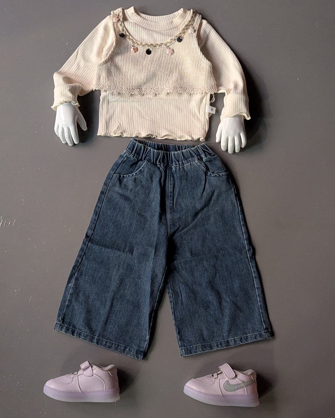 Full Sleeve T shirt, Vest and Wide Leg Denim Pant Set