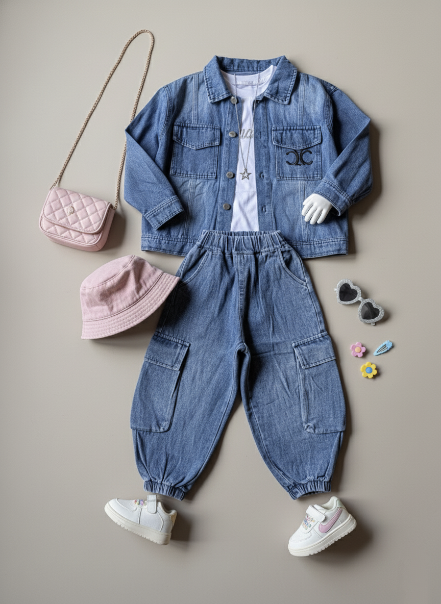 Unisex Full Sleeve Oversized Denim Jacket, Inner T Shirt and Pant Set