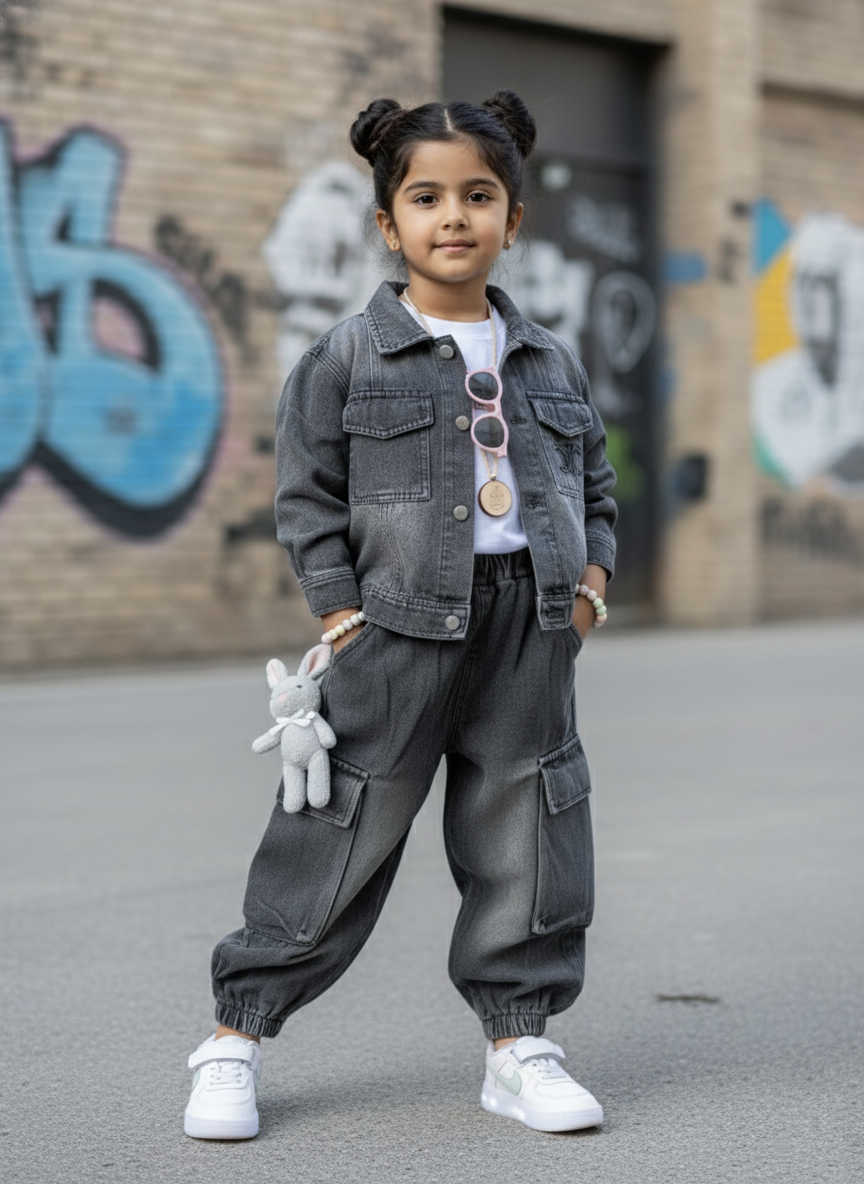 Unisex Full Sleeve Oversized Denim Jacket, Inner T Shirt and Pant Set