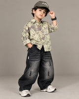 STIM133 Boys Full Sleeve Oversized Printed Shirt and Baggy Jeans Set