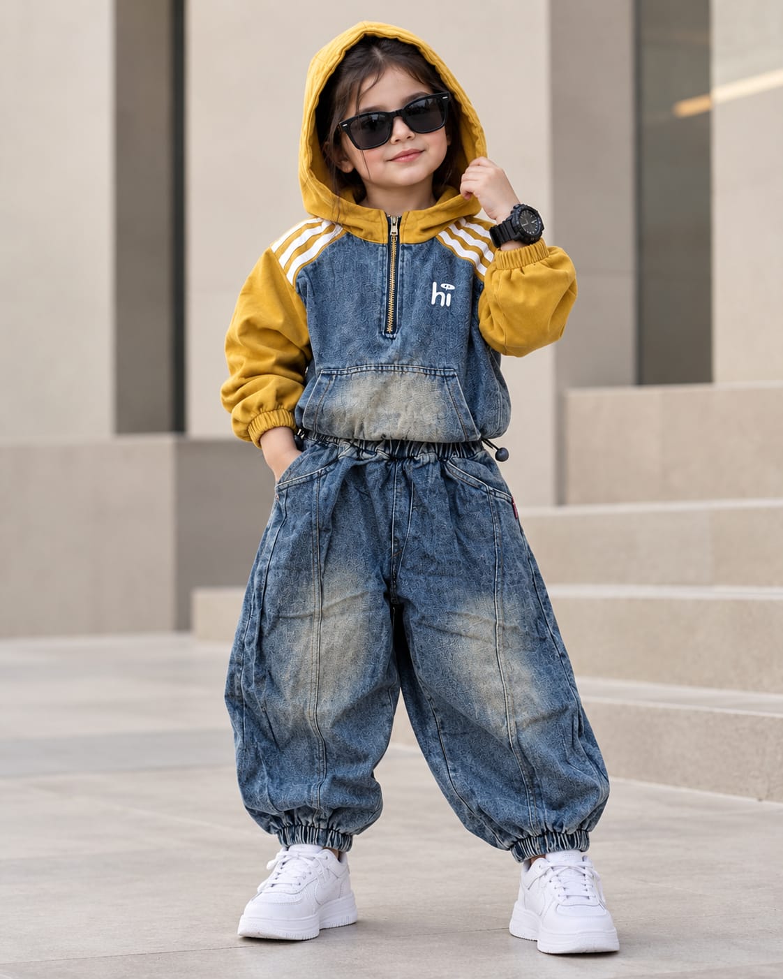 STIM171-02 Unisex Full Sleeve Oversized Hooded Denim Jacket with Pant Set