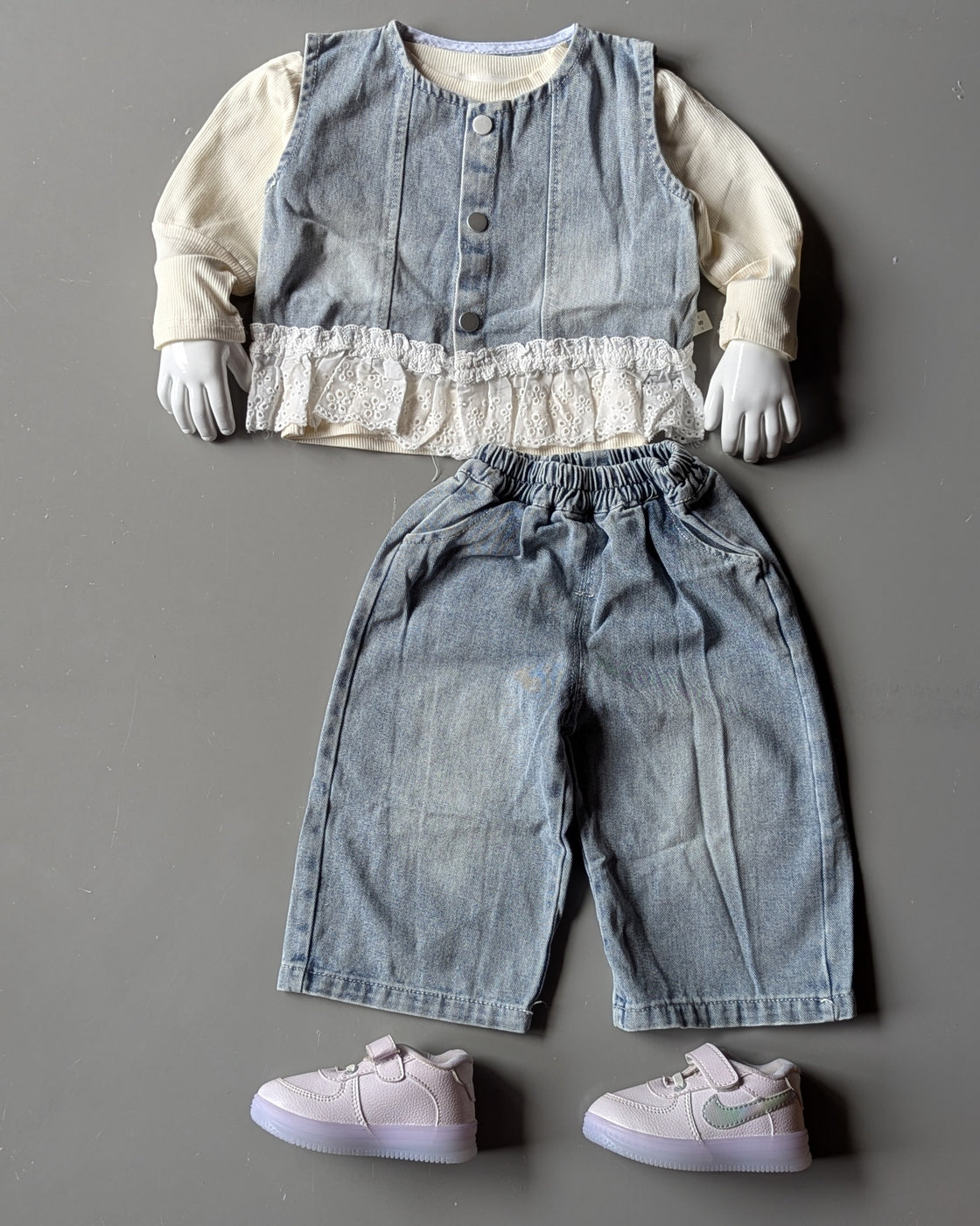 Girl's Full Sleeve T Shirt with Denim Vest and Wide Leg Pant Set