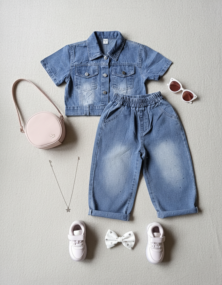 Girl's Half Sleeve Denim Top with Wide Leg Pant Set