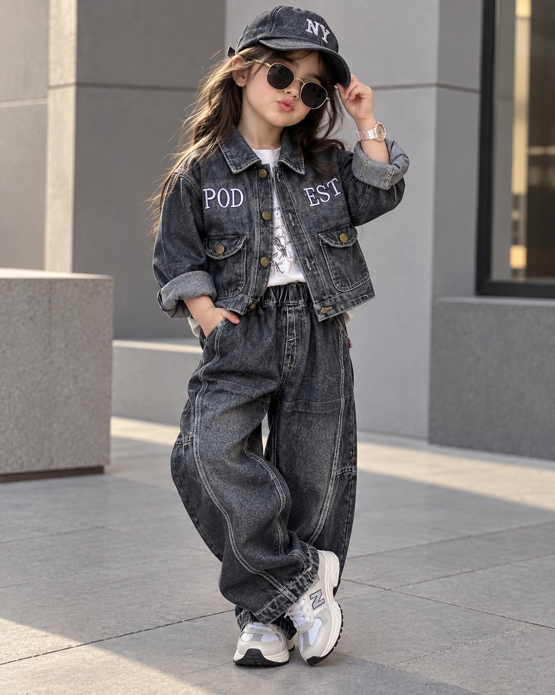 STIM119-02 Unisex Full Sleeve Oversized Denim Jacket Inner T Shirt and Pant Set