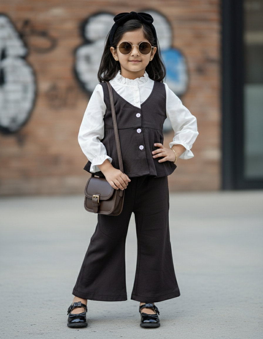 Full Sleeve Top with Vest and Wide Leg Pant Set