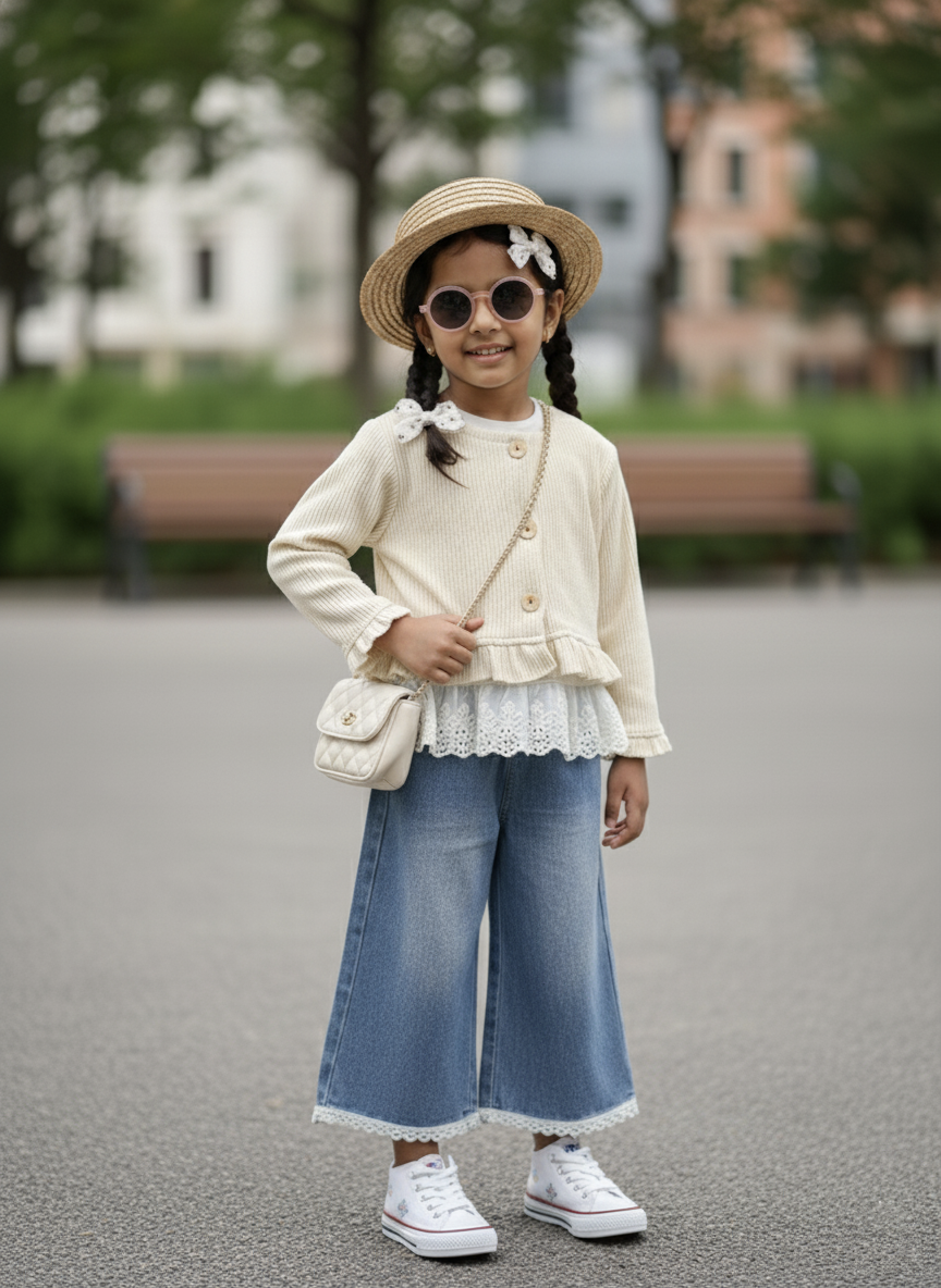 Full Sleeve Inner Layered Look Top with Wide Leg Pant Set
