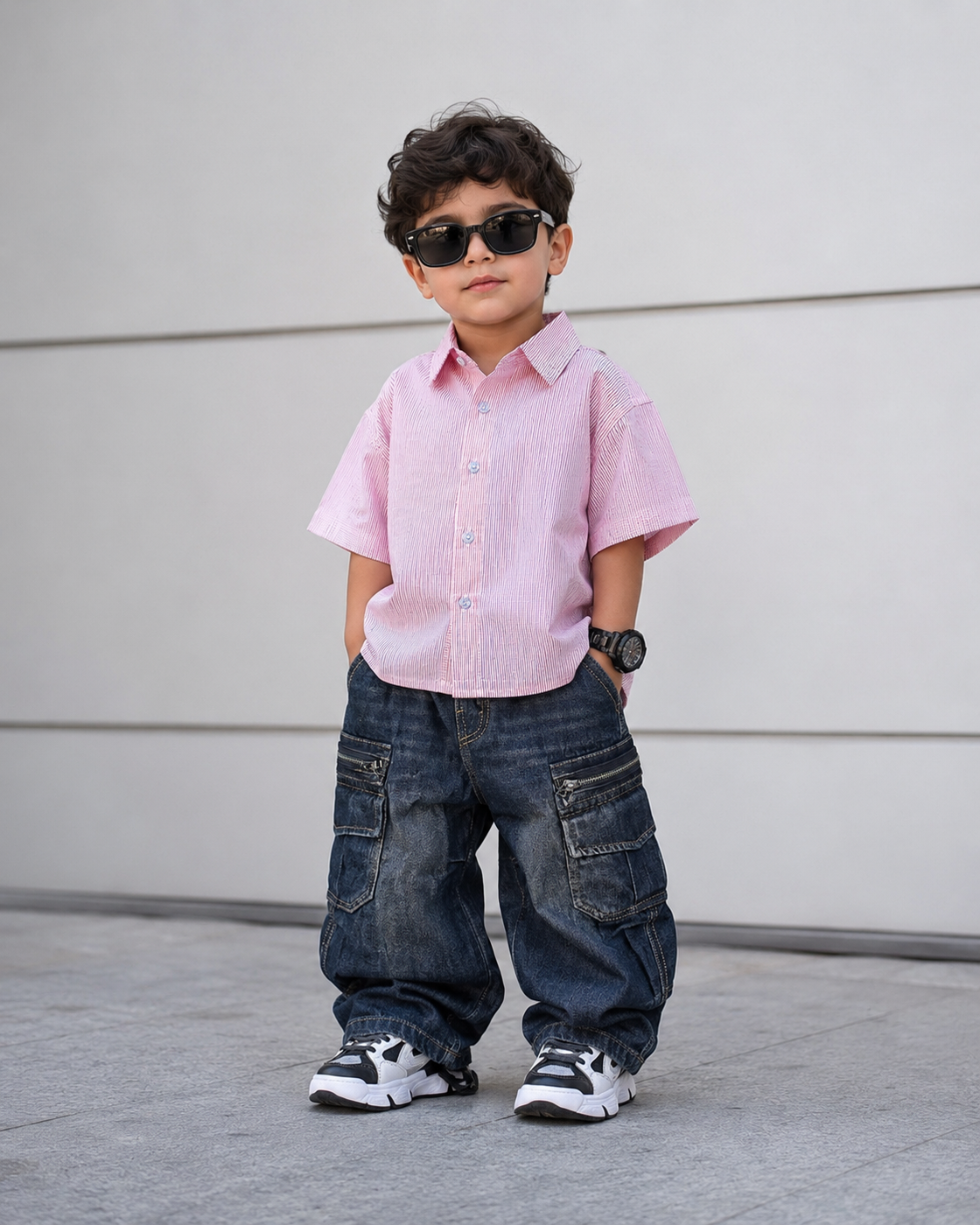 SHHS08 Boy's Half Sleeve Oversized Small Striped Back Printed Shirt