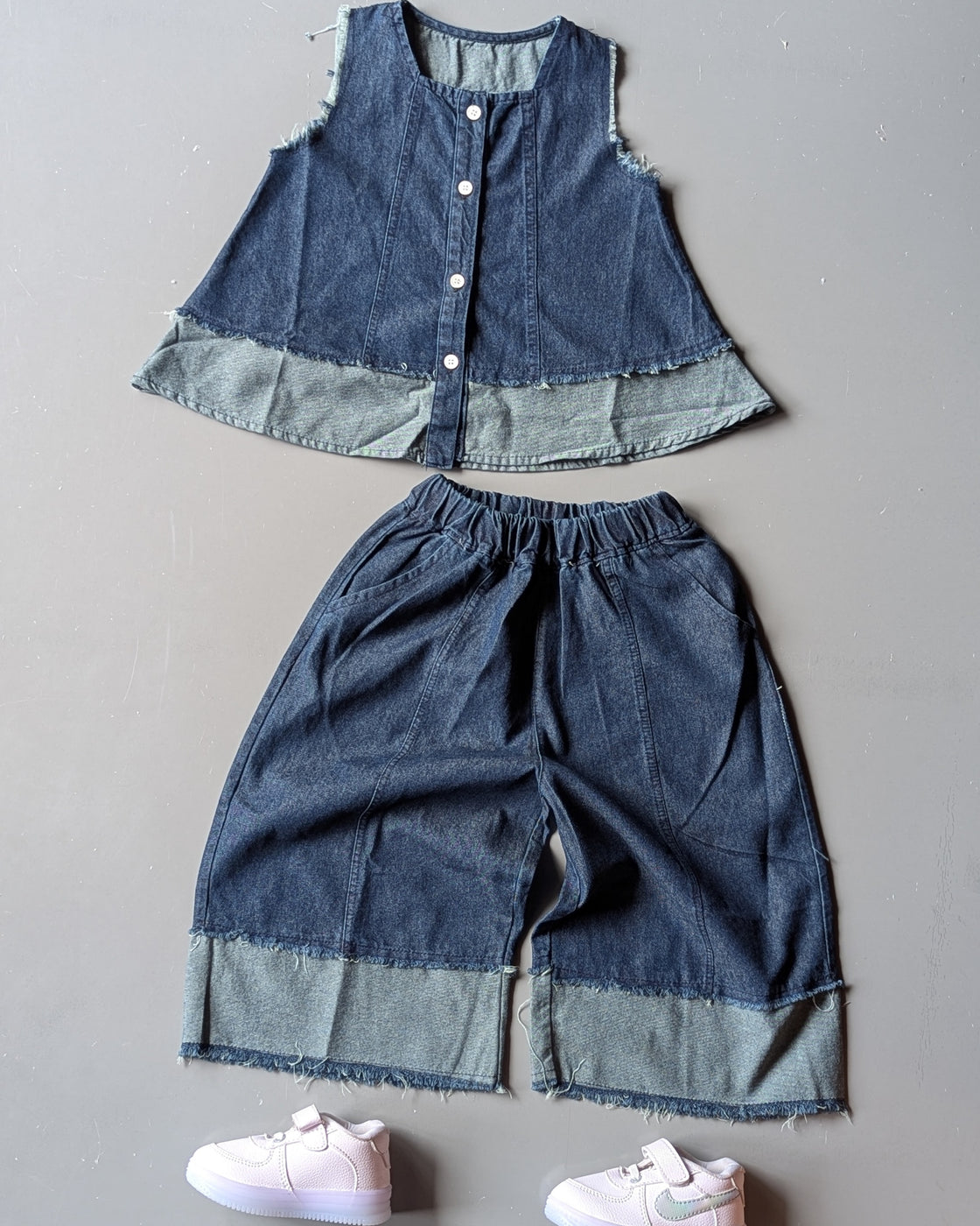 Girl's Sleeveless Denim Top with Wide Leg Pant Set