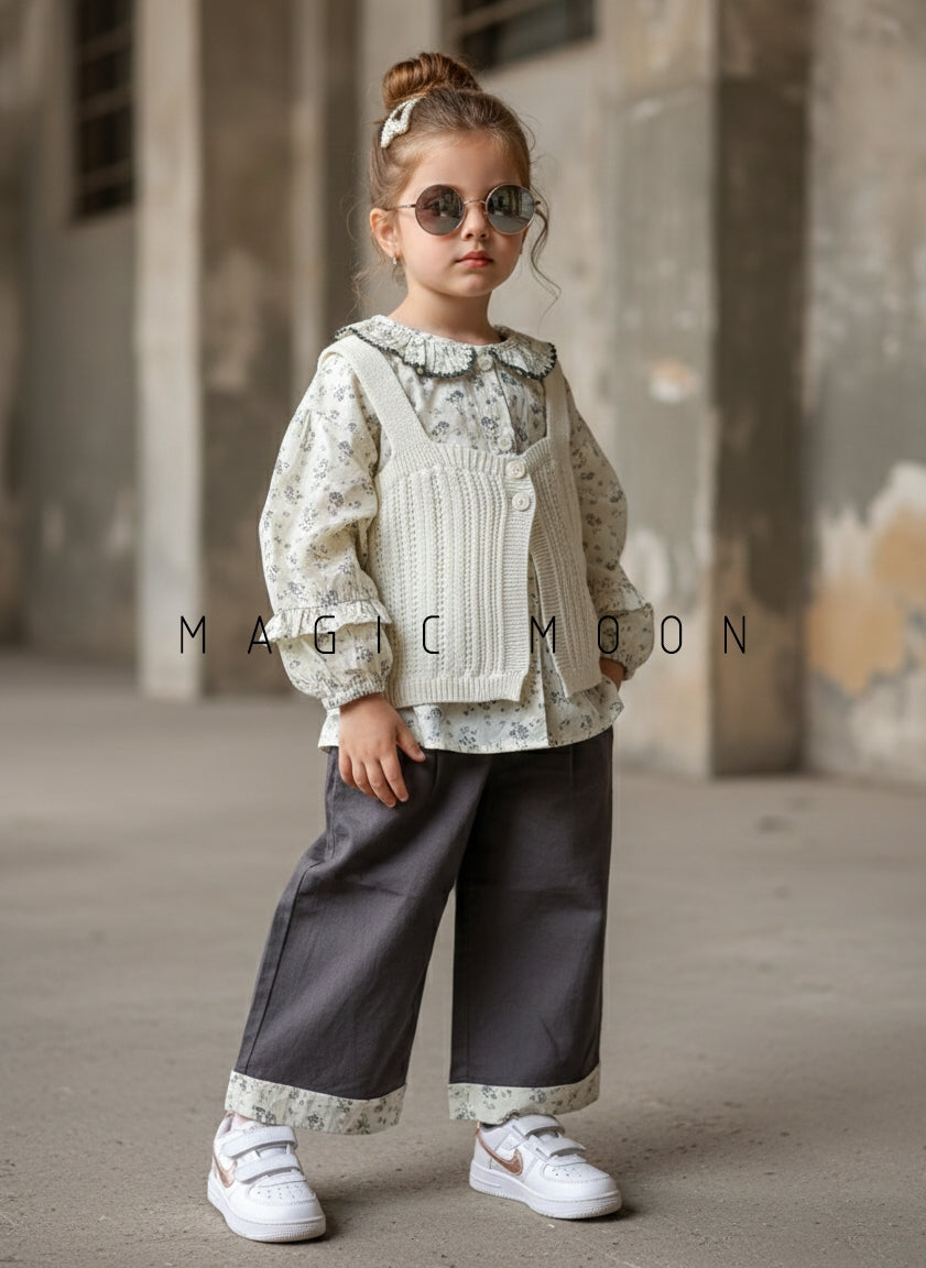 Girl's Full Sleeve Top with Vest and Wide Leg Pant Set