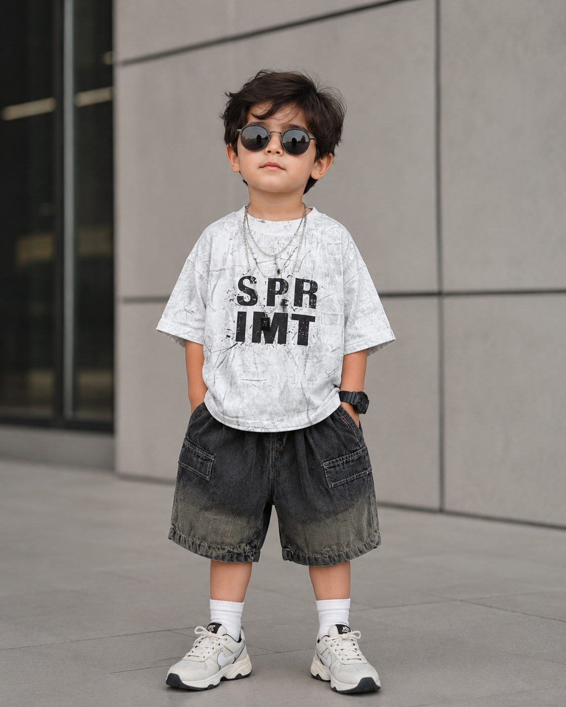 ST107 Unisex Half Sleeve Oversized T Shirt with Attached Chain and Shorts Set