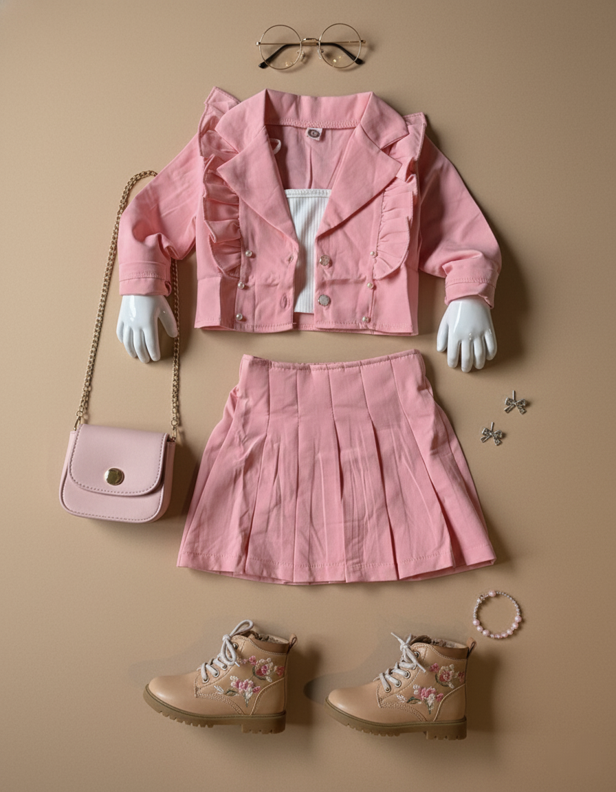 Girl's Full Sleeve Blazer, Inner Vest and Skirt Set