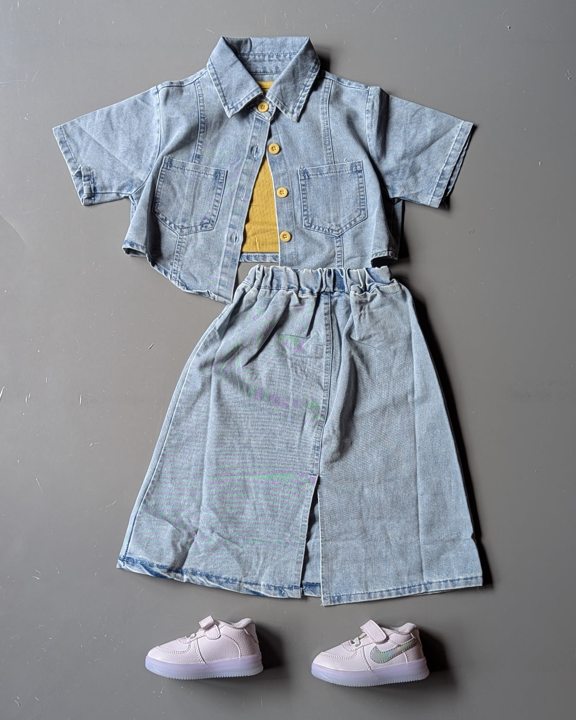 Girls Denim Top and Skirt Set with Inner