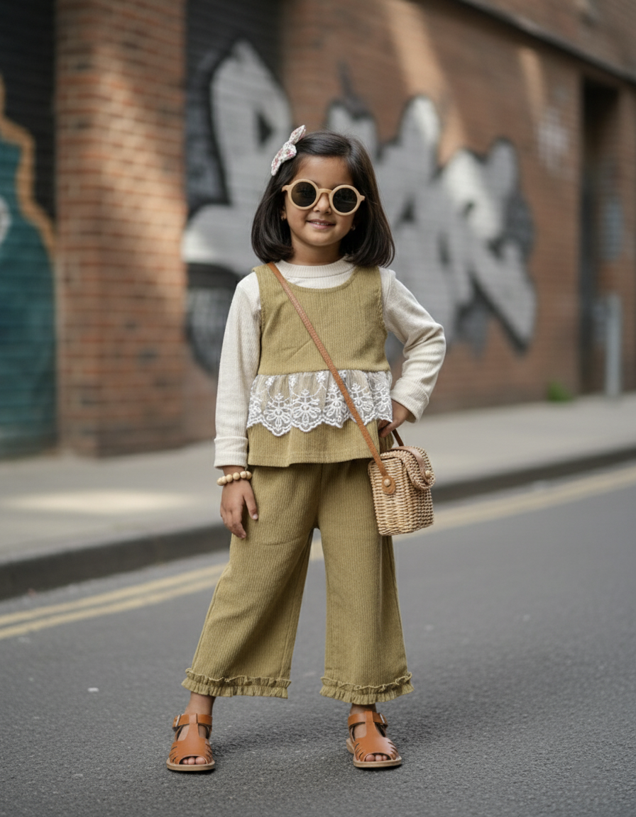 Full Sleeve Inner T Shirt, vest and Wide Leg Pant Set