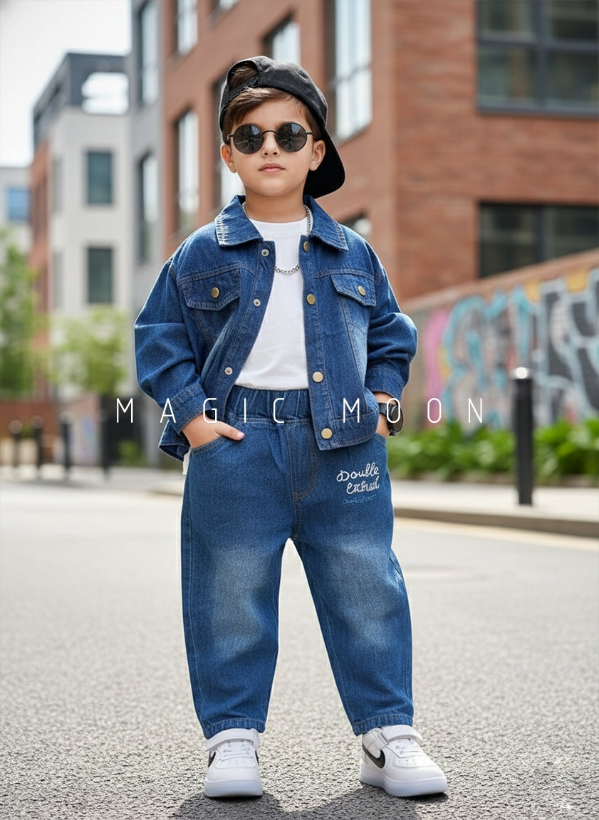 Unisex Full Sleeve Oversized Denim Jacket, Inner T Shirt and Pant Set