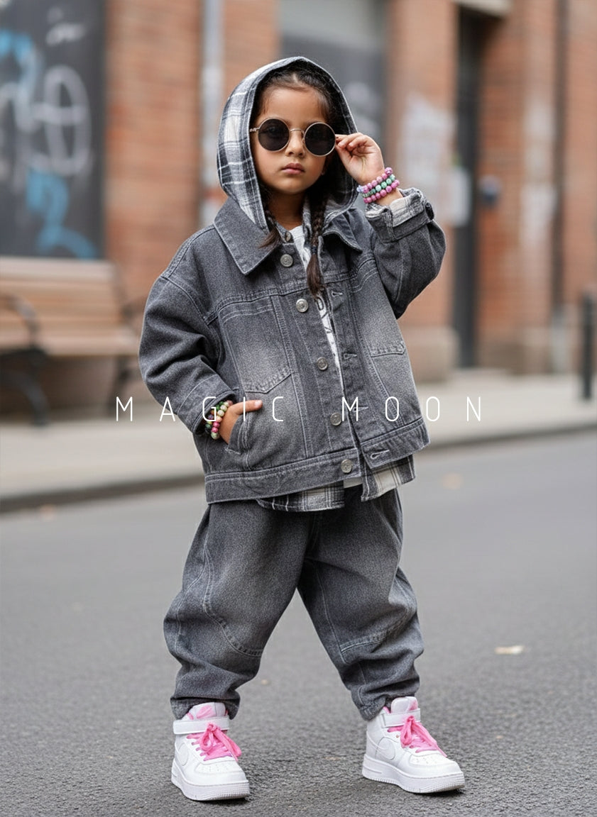 Unisex Full Sleeve Oversized Denim Hooded Jacket, Inner T Shirt and Pant Set