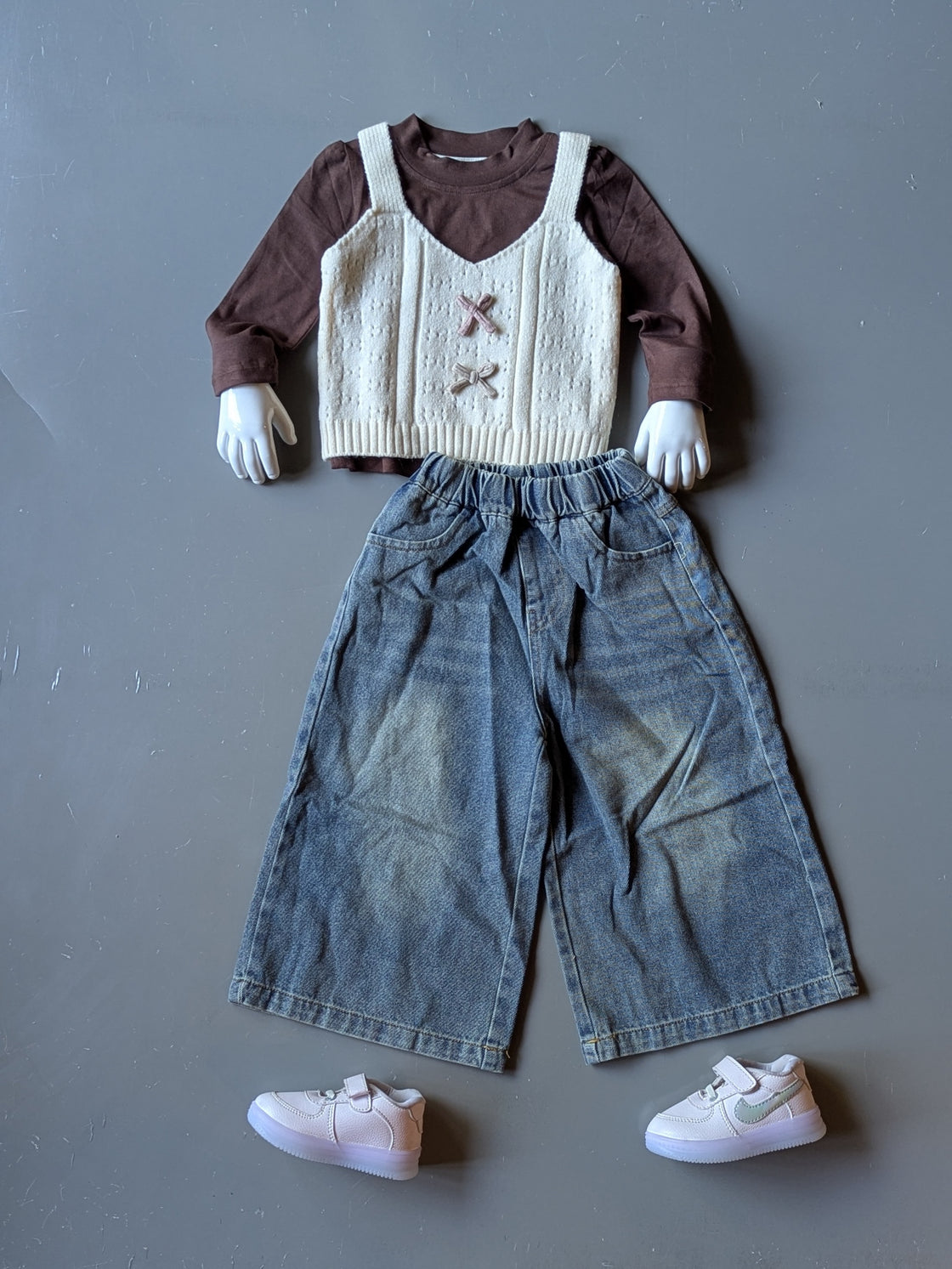 Girl's Top with Vest and Wide Leg Pant Set