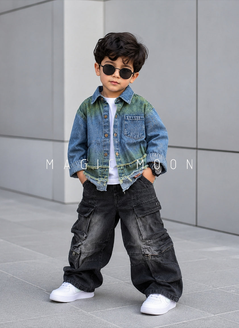 SHFS19 Unisex Full Sleeve Oversized Distressed Denim Shirt
