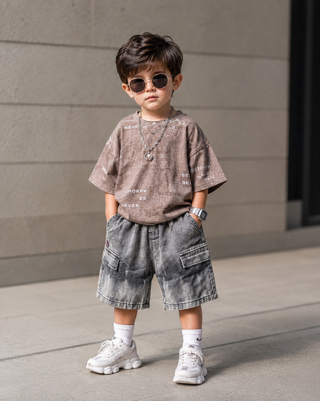ST107 Unisex Half Sleeve Oversized T Shirt with Attached Chain and Pant Set