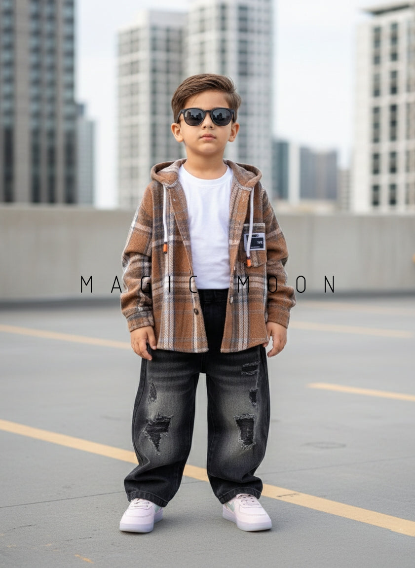 Unisex Check Hooded Shirt