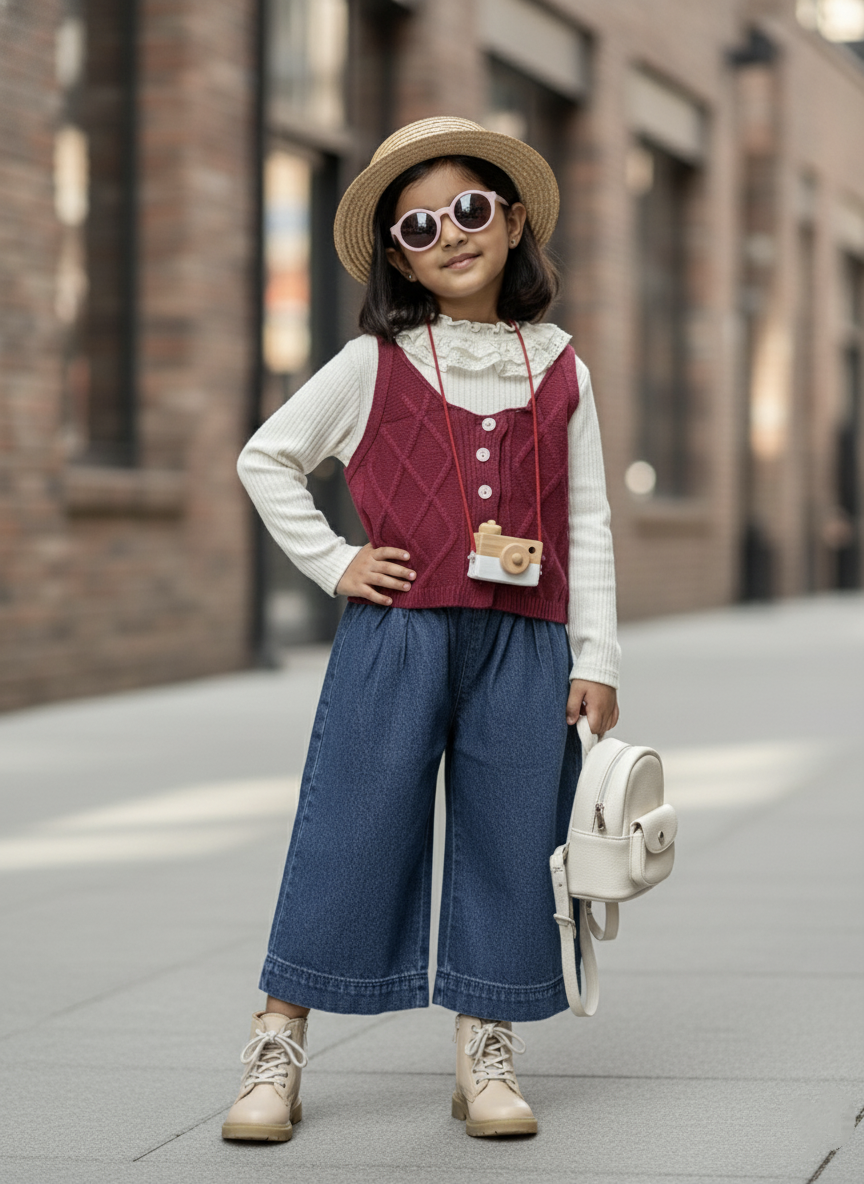 Full Sleeve Inner T Shirt,Vest and Wide Leg Pant Set
