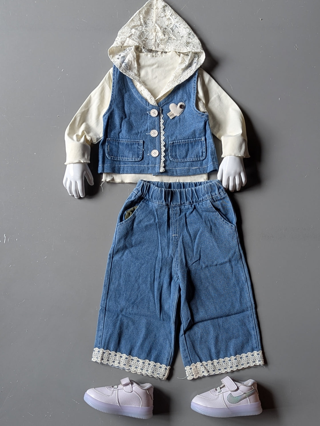 Full Sleeve Hoody, Denim Jacket with Wide Leg Pant Set
