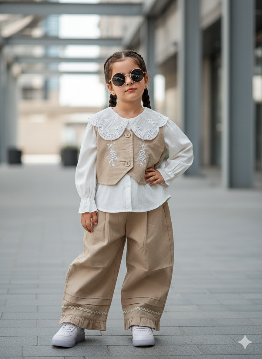 Girl's Full Sleeve Peter Pan Collar Top with Vest and Wide Leg Pant Set