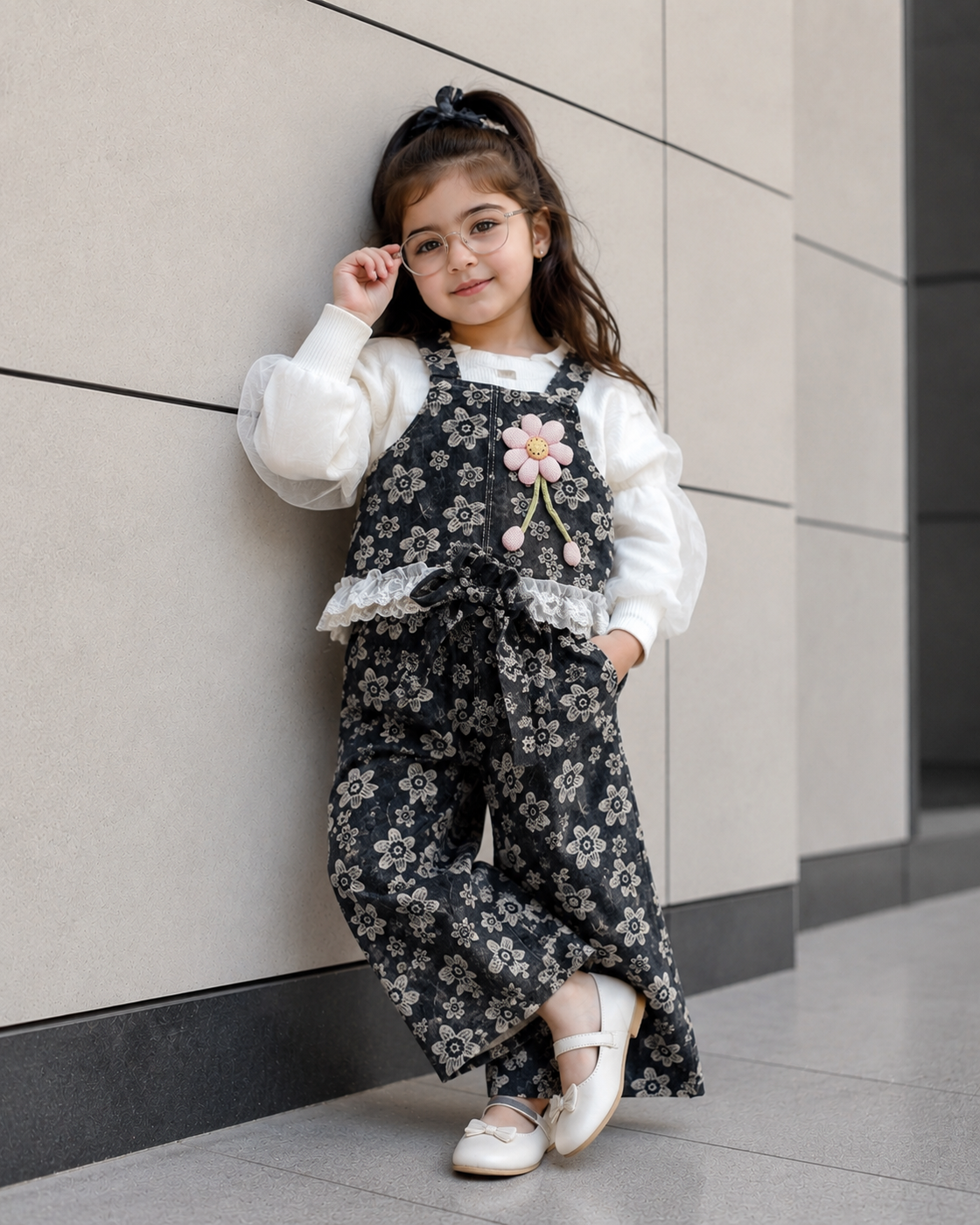 GST04B1-02 Girls Full Sleeve Oversized Top Denim Vest and Wide Leg Pant Set