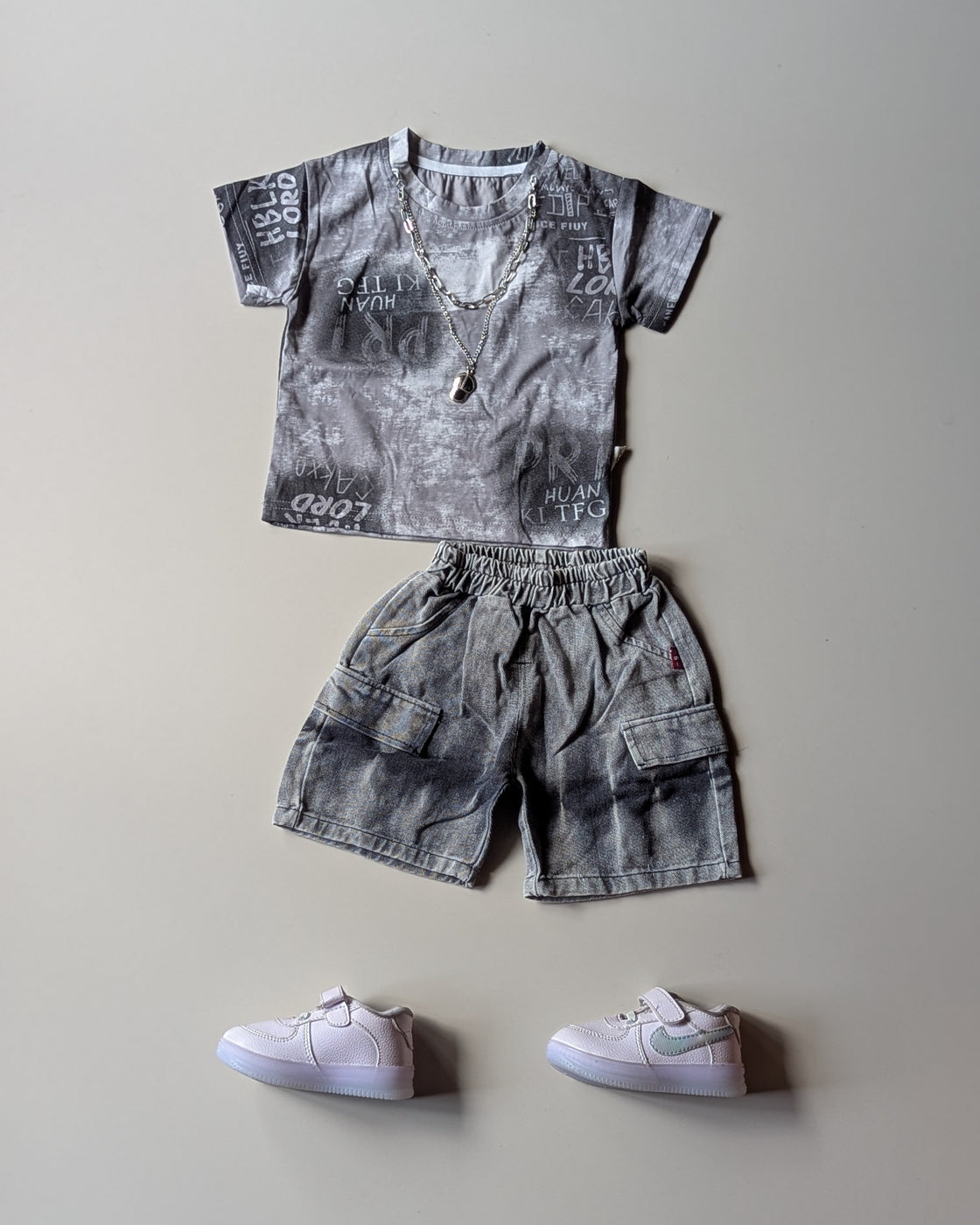 ST107 Unisex Half Sleeve Oversized T Shirt with Attached Chain and Shorts Set