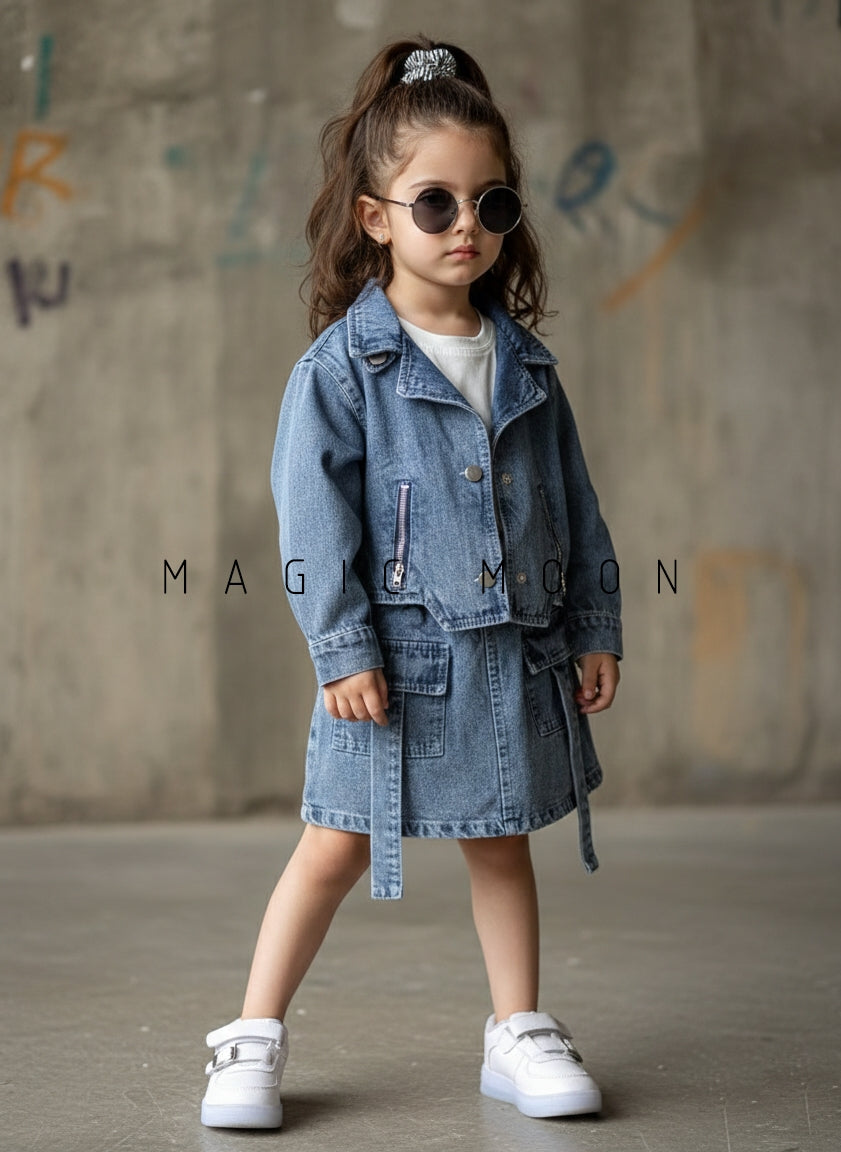 Girl's Oversized Denim Jacket Inner T Shirt and Skirt Set