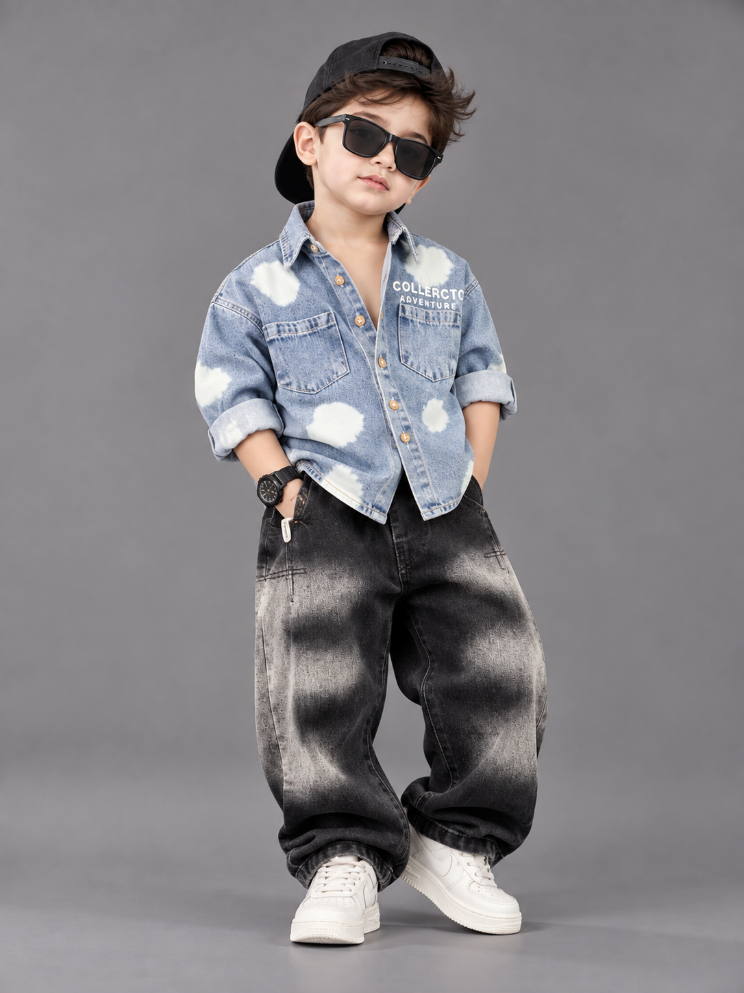 STIM163 Boys Full Sleeve Oversized Denim Shirt with Baggy Jeans