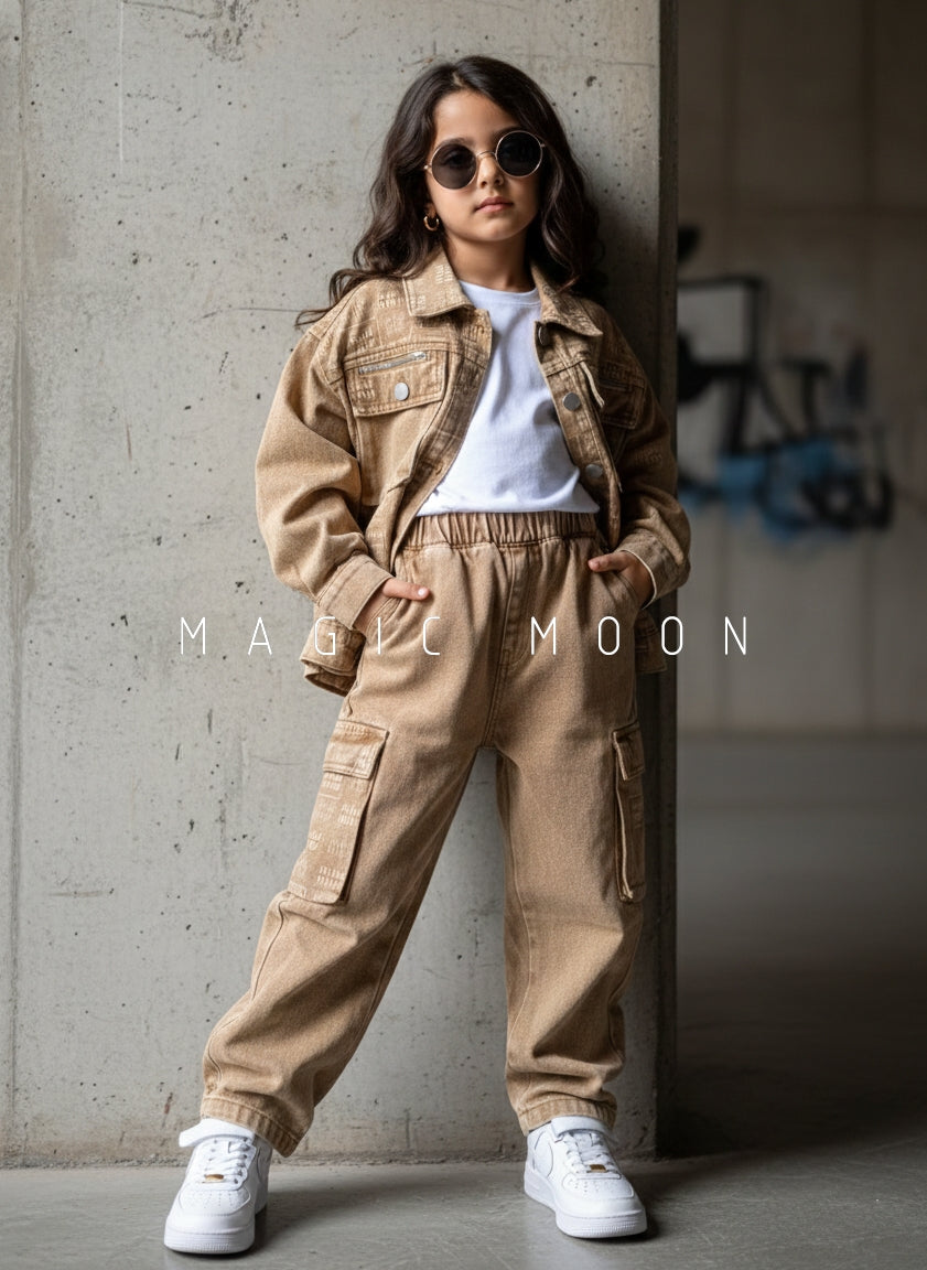 Girl's Full Sleeve Oversized Denim Jacket Inner T Shirt and Pant Set