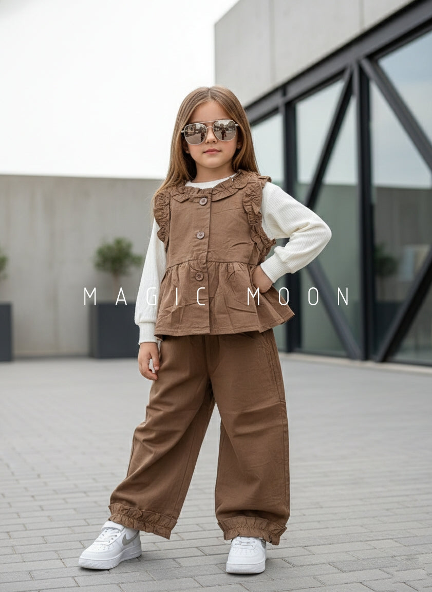 Girl's Full Sleeve Top with Vest and Wide Leg Pant Set
