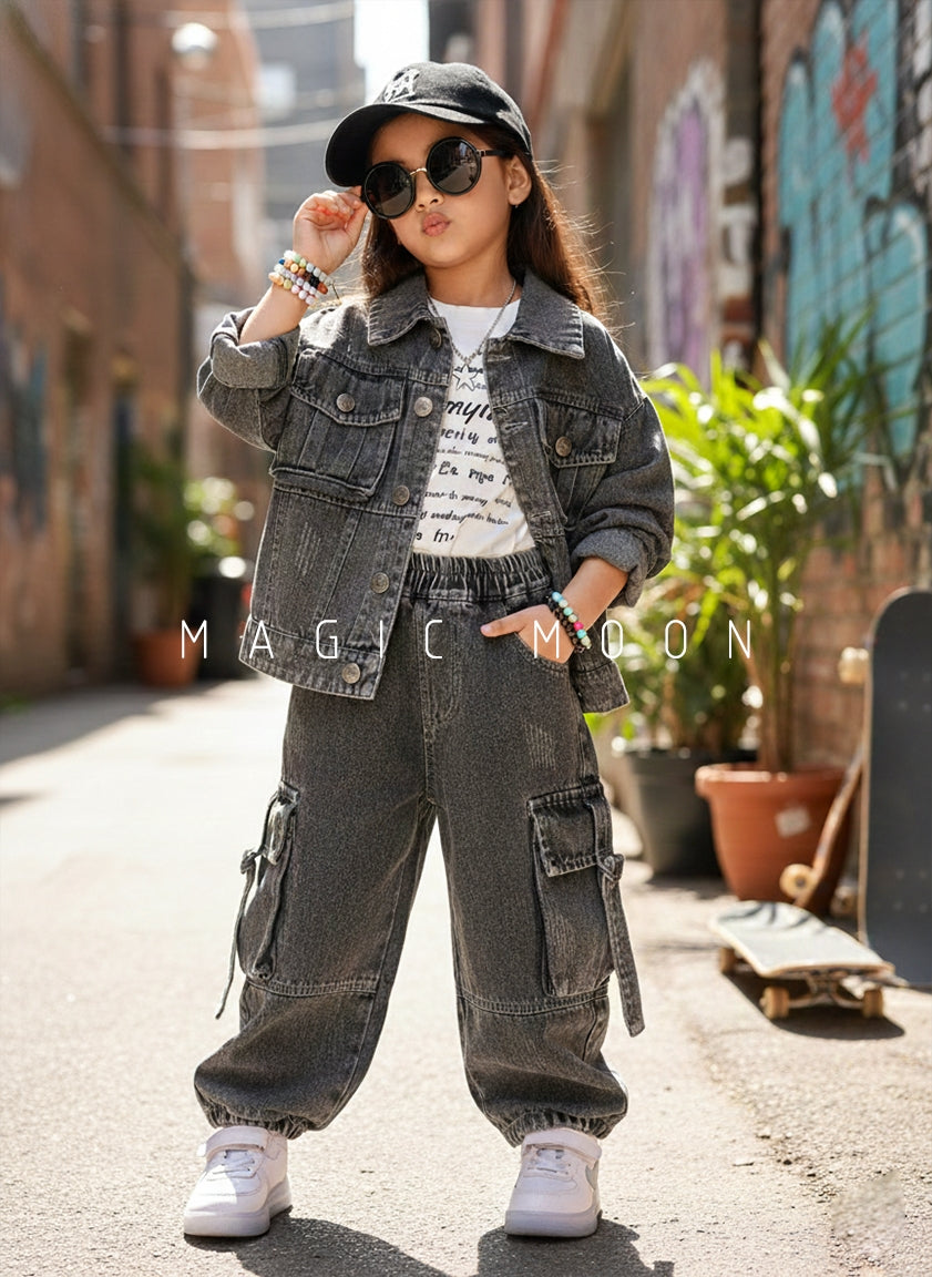 Unisex Full Sleeve Oversized Denim Jacket, Inner T Shirt and Cargo Pant Set