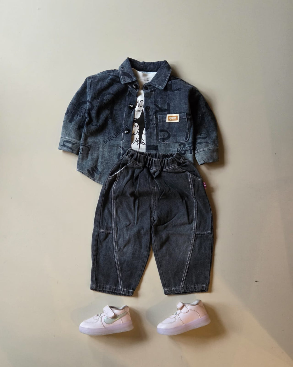 STIM111-02 Unisex Full Sleeve Oversized Denim Jacket Inner T Shirt and Pant Set