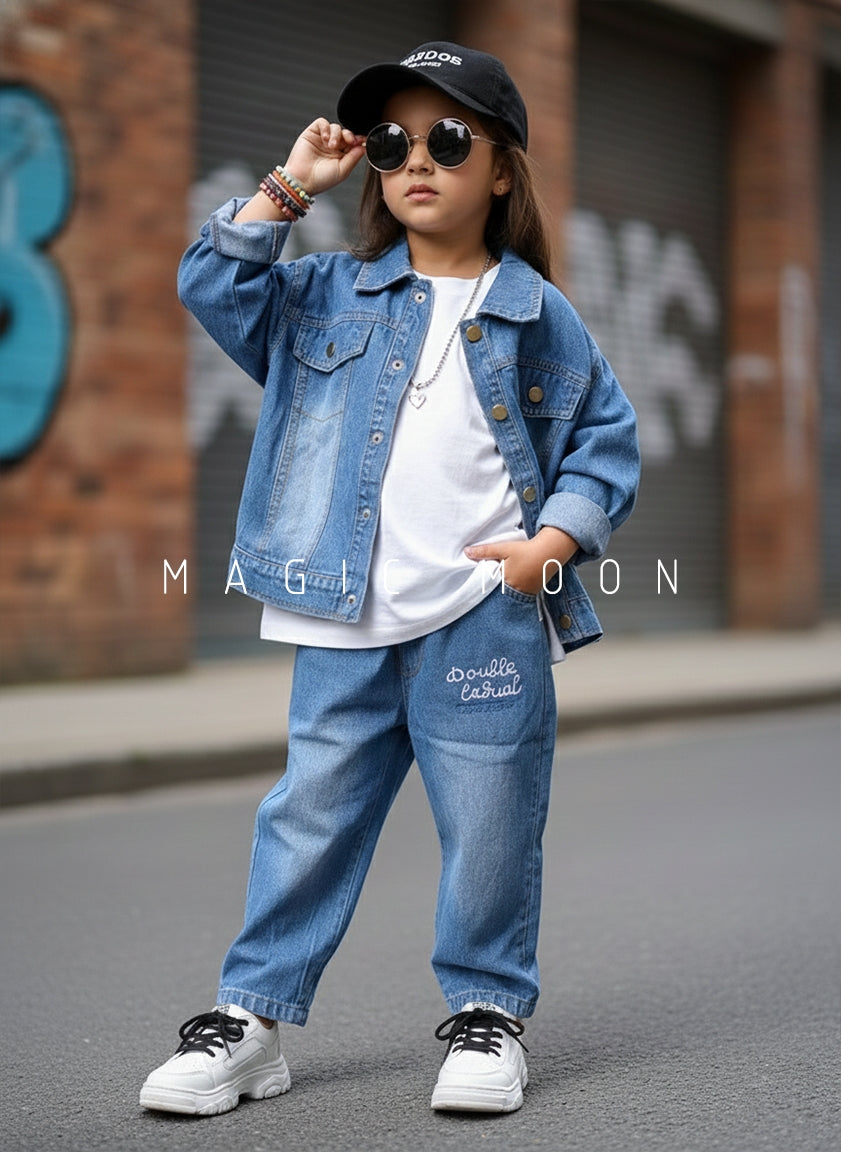 Unisex Full Sleeve Oversized Denim Jacket, Inner T Shirt and Pant Set