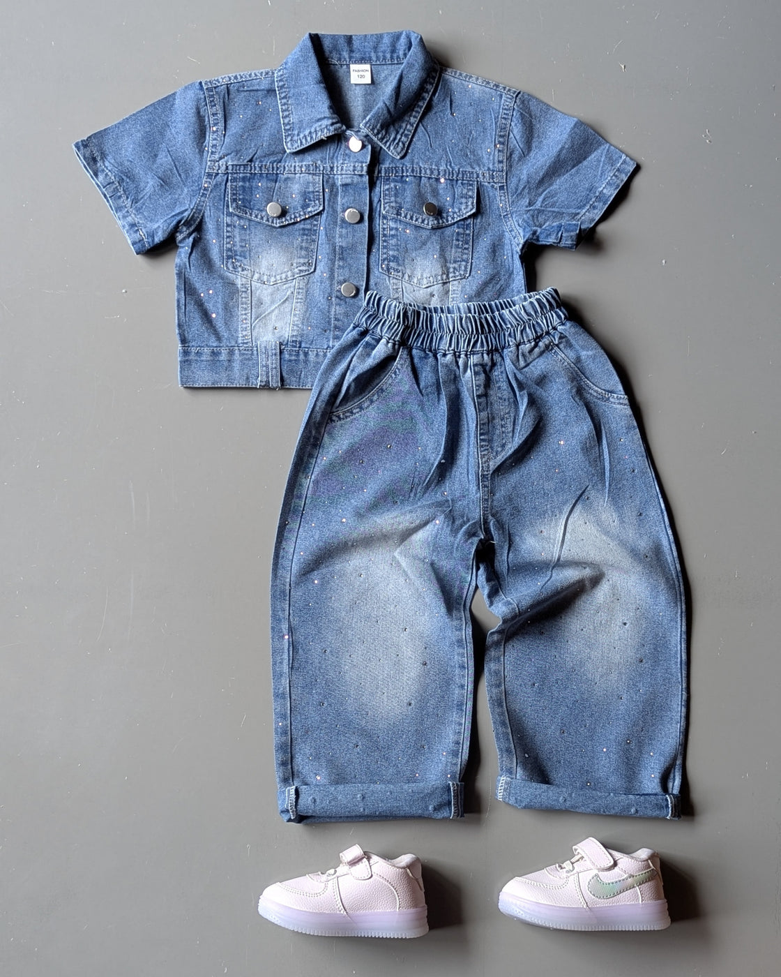 Girl's Half Sleeve Denim Top with Wide Leg Pant Set