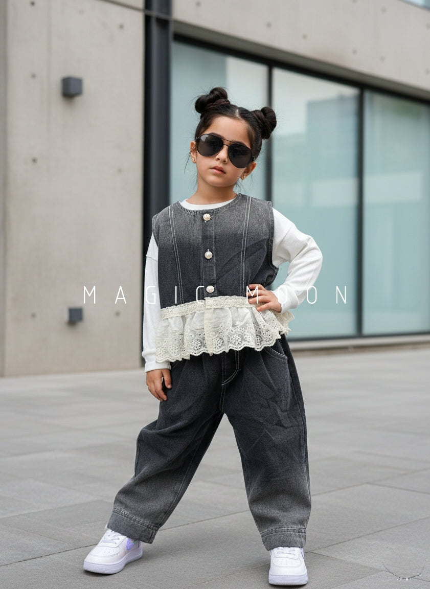 Girl's Full Sleeve Top and Denim Vest with Wide Leg Pant Set