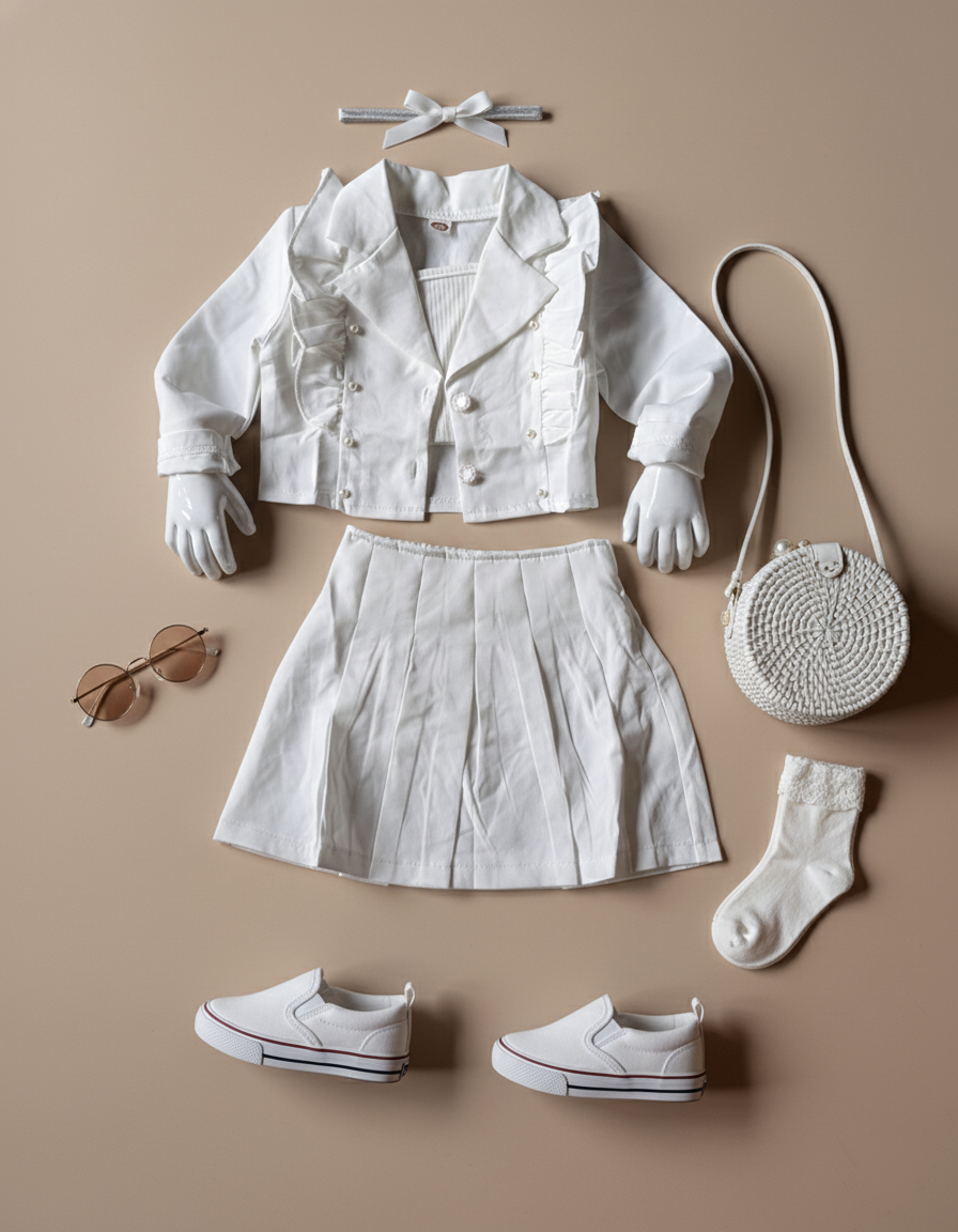Girl's Full Sleeve Blazer, Inner Vest and Skirt Set