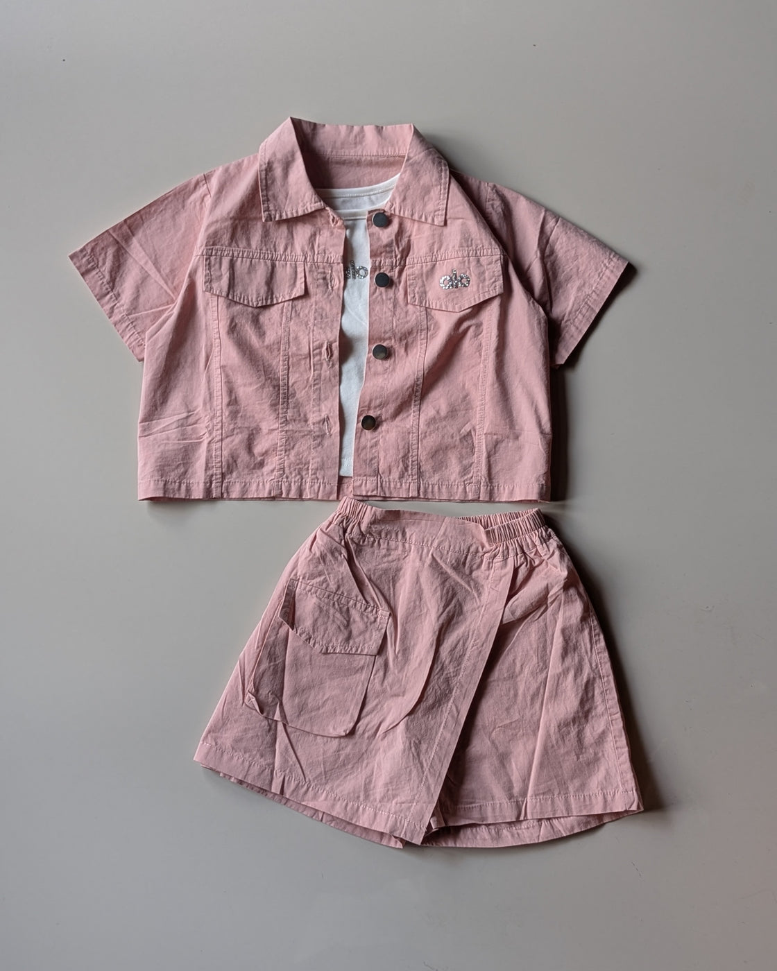 GST02 Girls Half Sleeve Oversized Shirt with Inner T Shirt and Shorts Set