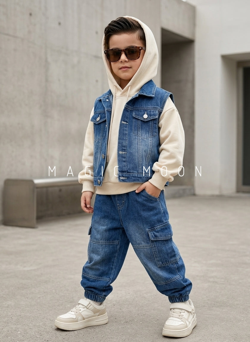 ST100 Unisex Full Sleeve Oversized Denim Jacket, Inner Hooded T Shirt and Pant Set