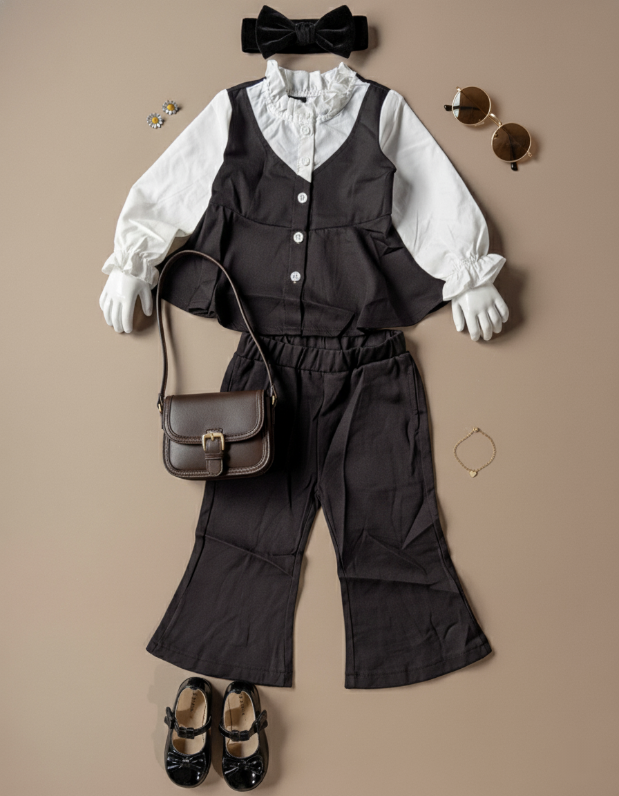 Full Sleeve Top with Vest and Wide Leg Pant Set