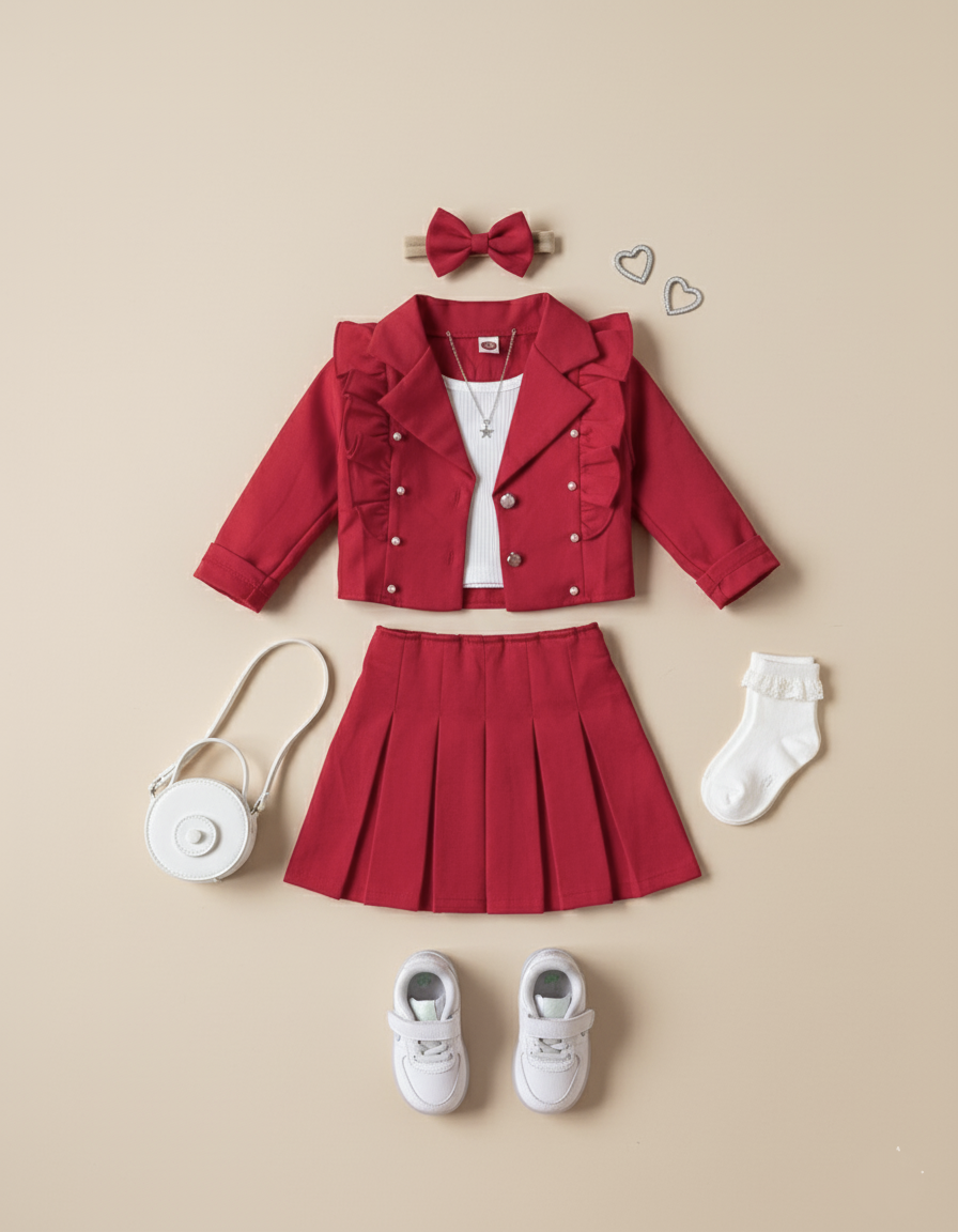 Girl's Full Sleeve Blazer, Inner Vest and Skirt Set